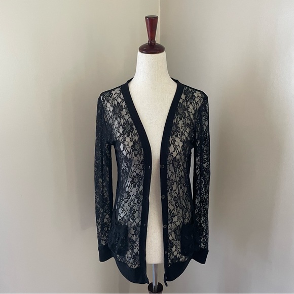 XXI F21 Black Lace Long Sleeve Pocket Front Cardigan Sweater Medium - Picture 2 of 7